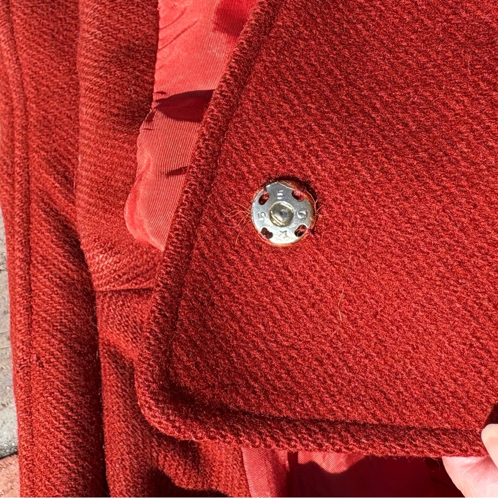 Vintage Scarlet Red Wool Vintage Coat Double-Breasted Ring Belt Academia Mod - Picture 14 of 15